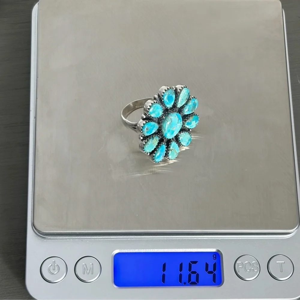Pure Sterling Silver 925 Kingman Turquoise Cluster Ring 9.25 9 1/4 Navajo Style - Picture 10 of 10